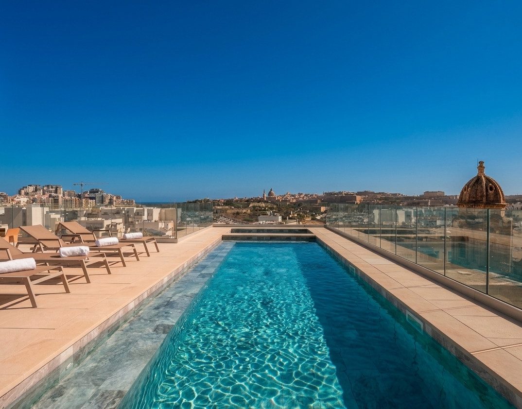Luxury rooftop infinity pool with sea and Valletta skyline views in Malta.